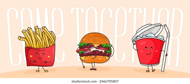 Kit of cute kawaii characters. French fries, burger and soda together. Funny cartoon fast food icons in different situations. Vector illustration