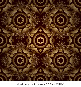 Kit for decorating festive greeting cards. Golden glitter ornaments on a brown background with glowing lights. Seamless pattern of golden elements on a brown backdrop.