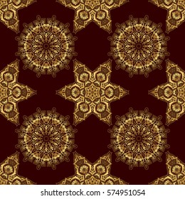 Kit for decorating festive greeting cards. Golden glitter ornaments on a brown background with glowing lights. Seamless pattern of golden elements on a brown backdrop.