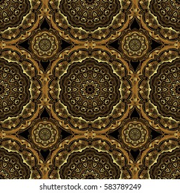 Kit for decorating festive greeting cards. Golden glitter ornaments on a black background with glowing lights. Seamless pattern of golden elements on a black backdrop.