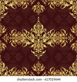 Kit for decorating festive greeting cards. Golden glitter ornaments on a brown background with glowing lights. Seamless pattern of golden elements on a brown backdrop.