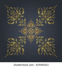 Kit for decorating festive greeting cards. Golden glitter ornaments on a gray background with glowing lights. Seamless pattern of golden elements on a gray backdrop.