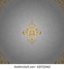 Kit for decorating festive greeting cards. Golden glitter ornaments on a gray background with glowing lights. Seamless pattern of golden elements on a gray backdrop.
