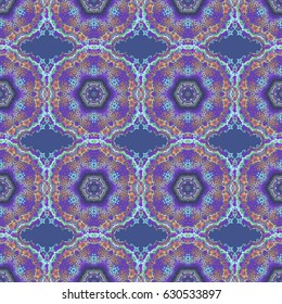 Kit for decorating festive greeting cards. Multicolored glitter ornaments on a violet background with glowing lights. Seamless pattern of multicolored elements on a violet backdrop.