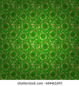 Kit for decorating festive greeting cards. Golden glitter ornaments on a green background with glowing lights. Seamless pattern of golden elements on a green backdrop.