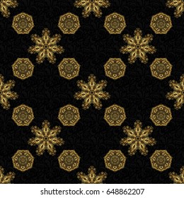 Kit for decorating festive greeting cards. Golden glitter ornaments on a black background with glowing lights. Seamless pattern of golden elements on a black backdrop.