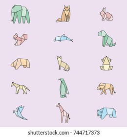 Kit of fifteen animals paper origami in pastel colors.