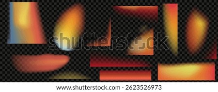 Kit of flim lights.Overlay leaks effect. Gradient bg filters with red and orange holo lens bokeh. At the transparent bg as a png. 