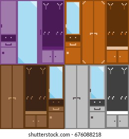 A kit of four sets of modular furniture for the hallway in pixel style. Each module can be used for illustration separately