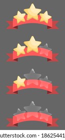 Kit para el diseño de juegos. Conjunto de estrellas doradas, amarillas, doradas y cintas rojas para gráficos de aplicaciones y diseño de juegos. Gui. Estrellas transparentes en cinta roja.