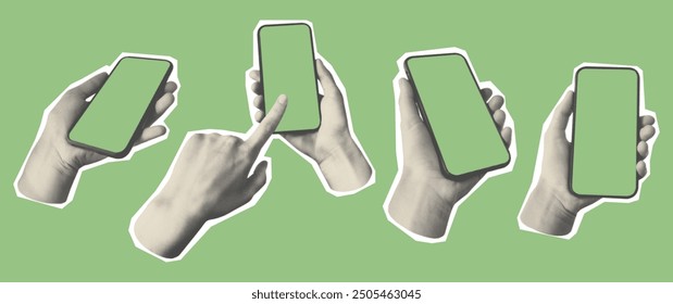 Kit of hands with a smartphone. Scrapbooking halftone cutout collage. Contemporary elements in a retro pop art style. Empty phone screen for design.	