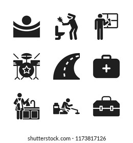 kit icon. 9 kit vector icons set. medical kit, drum set and cleaning icons for web and design about kit theme