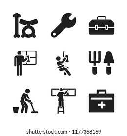 kit icon. 9 kit vector icons set. spanner, drum set and tools icons for web and design about kit theme