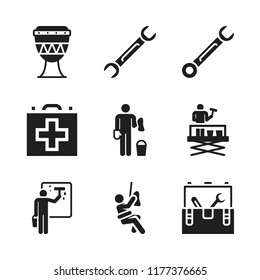 kit icon. 9 kit vector icons set. drum, toolbox and spanner icons for web and design about kit theme