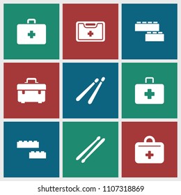 Kit icon. collection of 9 kit filled icons such as toolbox, drum stick. editable kit icons for web and mobile.