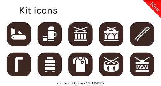 conjunto de iconos del kit. 10 iconos de kit rellenos.  Iconos modernos sencillos, como: Pistola, Thermo, Drum, Pizarra, llaves Allen, equipaje, camiseta de fútbol