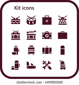 kit icon set. 16 filled kit icons.  Collection Of - Drum, Emergency kit, Medical Toolbox, Thermo, Baggage, Penknife, Tools