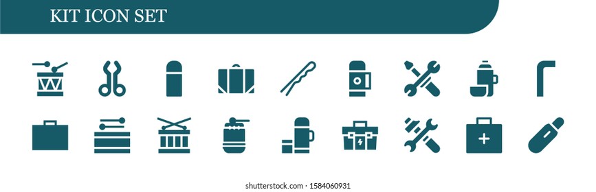 kit icon set. 18 filled kit icons.  Simple modern icons about  - Drum, Tool, Thermo, Baggage, Hairpin, Tools, Allen keys, Toolbox, Emergency kit, Pregnancy test