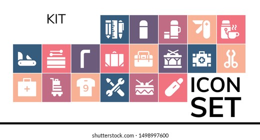 kit icon set. 19 filled kit icons.  Simple modern icons about  - Tools, Penknife, Emergency kit, Baggage, Soccer jersey, Drum, Pregnancy test, Allen keys, Toolbox, Medical