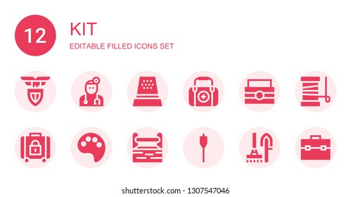 kit icon set. Collection of 12 filled kit icons included Lazio, Doctor, Thimble, First aid, Toolbox, Baggage, Paint palette, Auger, Tools, Yarn