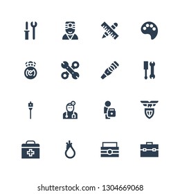 kit icon set. Collection of 16 filled kit icons included Toolbox, Tool, First aid, Lazio, Doctor, Auger, Tools, Pregnancy test, Real madrid, Paint palette