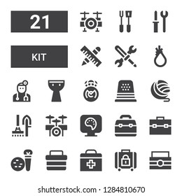 kit icon set. Collection of 21 filled kit icons included Toolbox, Baggage, First aid, Tools, Paint palette, Drum set, Yarn, Thimble, Real madrid, Kettledrum, Doctor, Tool