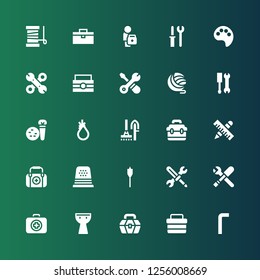 kit icon set. Collection of 25 filled kit icons included Allen keys, Toolbox, Kettledrum, Medical kit, Tools, Auger, Thimble, First aid, Tool, Yarn, Paint palette, Doctor