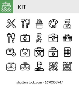 conjunto de iconos del kit. Colección de botes de rescate, Herramientas, Paleta de pintura, Doctor, Kit de primeros auxilios, Caja de herramientas, Gasa, Herramienta, Iconos del kit de tambor
