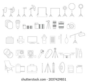 kit of icons related to photography and photographic equipment, on white background