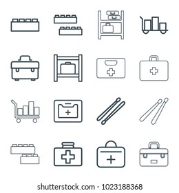 Kit icons. set of 16 editable outline kit icons such as luggage storage, toolbox, luggage, building block