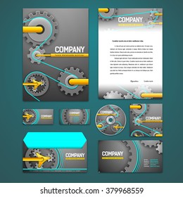 Kit of identity solutions for corporate or business which includes CD cover, business card, letter head designs. Mechanic background with rotating gears, driving belt. All in EPS10