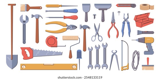 Kit of instruments for handyman or worker. Vector in flat style, isolated set of wrenches and screwdriver, toolbox and shovel, saw and scissors. Carpentry and mechanics, plumbing and renovation