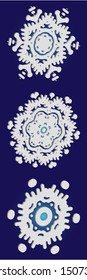 Kit of isolated  silhouettes of snowflakes on blue background.  Colorful concept accurate forms and colors. Vector illustration graphics. White paper cut 3d symbols for christmas cards, banners.