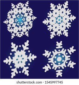 Kit of isolated  silhouettes of snowflakes on blue background.  Vector illustration frames. Colorful concept accurate forms and colors. White paper cut 3d symbols for christmas cards, banners.