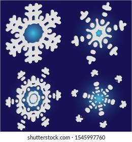 Kit of isolated  silhouettes of snowflakes on blue background.  Vector illustration graphics. Original concept accurate forms and colors. White paper cut 3d symbols for christmas cards, banners.