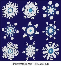 Kit of isolated  silhouettes of snowflakes on blue background.  Vector illustration overlays. Magic concept accurate forms and colors. White paper cut 3d symbols for christmas cards, banners.