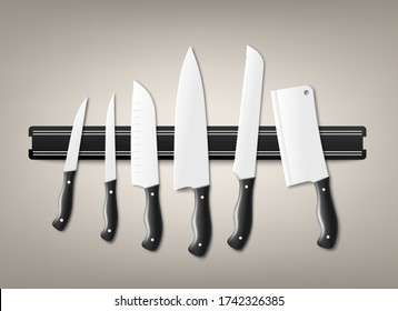 KIt of kitchen cutlery or knives set template hanging on magnetic wall rack, realistic vector illustration isolated on grey background. Cooking implements mockup.