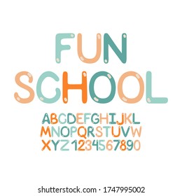 Kit zum Erlernen des englischen Alphabets. Mehrfarben-Druckspass-Schule. Cool Design-Vorlage für ein Kinderzimmer, öffentlichen Raum, Website, Banner, Poster. Vektorgrafik einzeln.