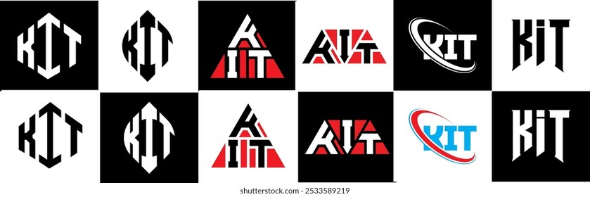 KIT letter logo design in six style. KIT polygon, circle, triangle, hexagon, flat and simple style with black and white color variation letter logo set in one artboard. KIT minimalist and classic logo