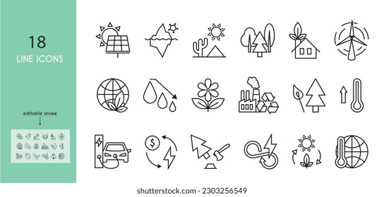 A kit of linear icons of climate change. Desert, iceberg, forest fire, water conservation, recycling plant, cyclical economy. Vector illustration. Editable stroke.