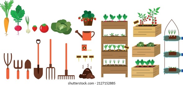 Kit to make different urban gardens, vector illustration, carrot, radish, garlic, tomato, cauliflower seeds, compost