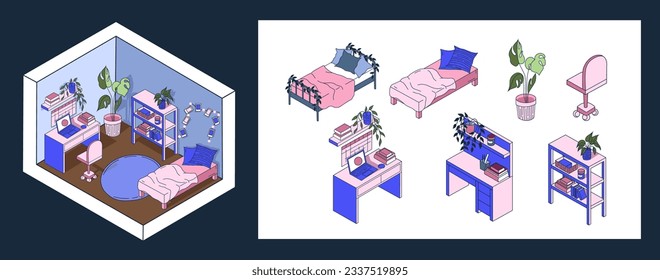 Kit for making cute isometric room. Set of furniture including beds, tables, shelves, chair, and plant. Vector.