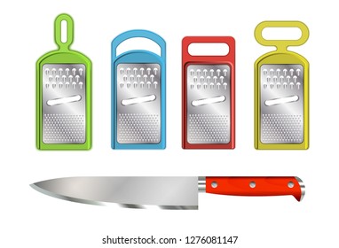 Kit metallic kitchen graters with plastic casing. Realistic knife on white background. Vector illustration.