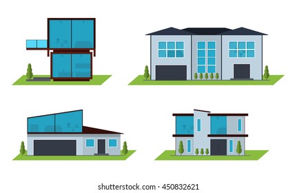 Kit Of Modern Urban Houses. Isolated Real Estate Building Icons. Modern Flat Style House. Houses With Large Windows. Residential Houses Icons In Minimal Flat Style