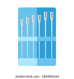 Kit aguja para coser aislado en el fondo blanco. Agujas para discapacitados visuales en envases azules en ilustraciones vectoriales planas de estilo.