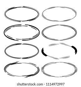 Kit of oval empty borders. Set of black  grunge frames. Vector illustration. 