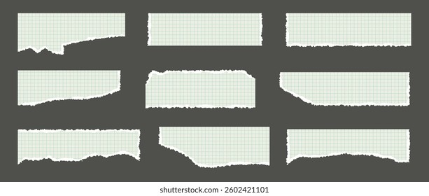 A kit of pieces of torn chequered paper from a maths notebook. Uneven torn edges.  Templates of strips for collages. Pages from an old notebook. Vector illustration