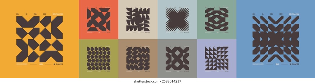 Kit of Postmodern geometric compositions with abstract shapes in brutalism aesthetics, mosaic of brutal figures, trendy color retro futuristic elements, vector modernist ornament, cards art 1