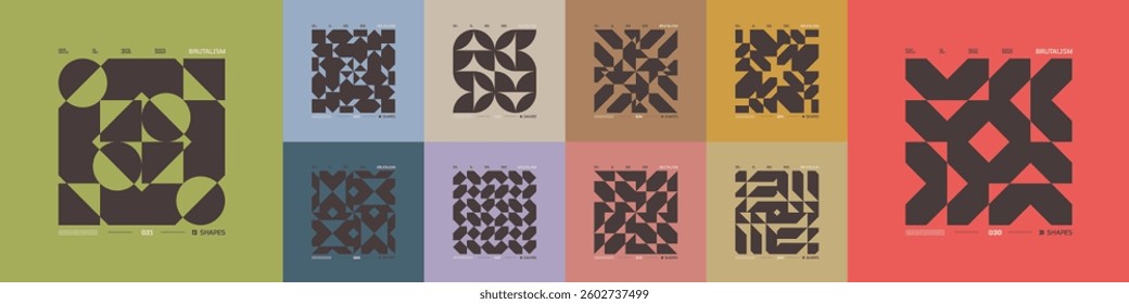Kit of Postmodern geometric compositions with abstract shapes in brutalism aesthetics, mosaic of brutal figures, trendy color retro futuristic elements, vector modernist ornament, cards art 3