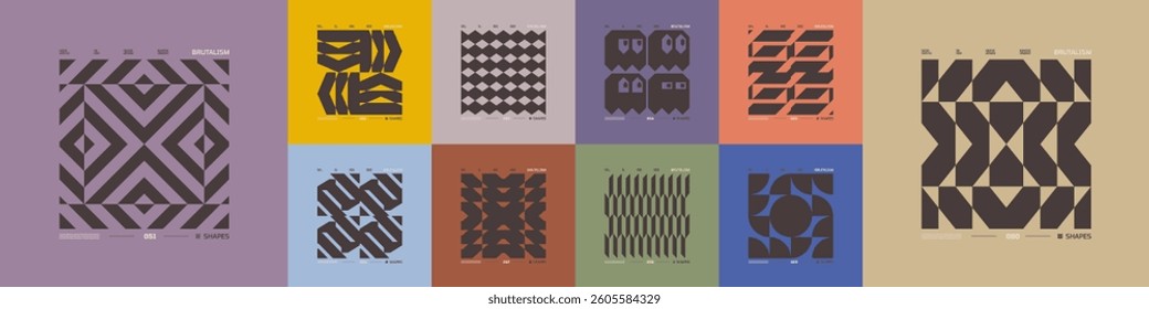Kit of Postmodern geometric compositions with abstract shapes in brutalism aesthetics, mosaic of brutal figures, trendy color retro futuristic elements, vector modernist ornament, cards art 6